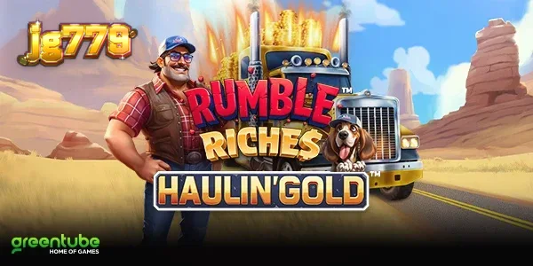 Caminhão de carga em uma estrada com elementos dourados do jogo Rumble Riches Haulin Gold